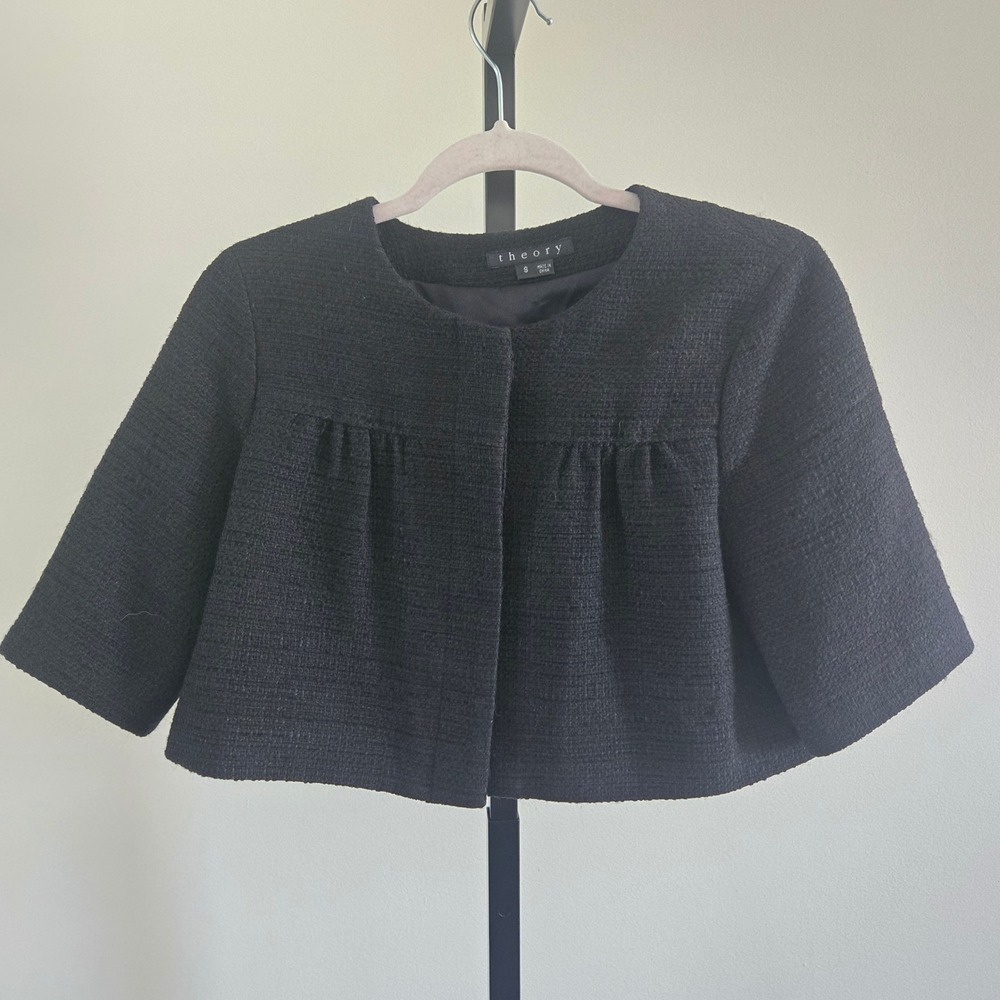 Theory Tilford Black Tweed Cropped Jacket Bolero Wool Blend Size S Old Money